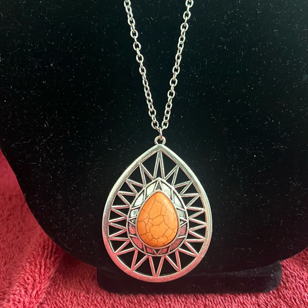 Orange bone crushed stone long necklace. Vintage tribal design